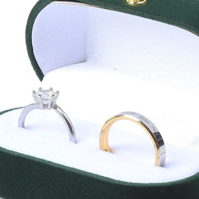 卸売 製造 豪華 宝石 箱 パーソナライズ オーダーメイド グリーン ベルヴェット 宝石 梱包 結婚 婚約 ロゴ付き ダブル リング 箱